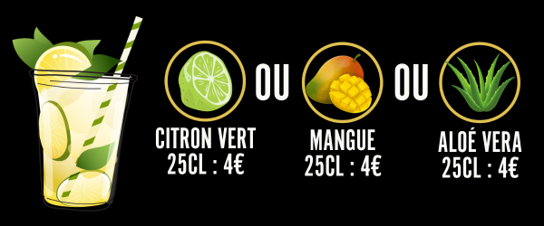 jus de citron vert, mangue, aloé vera 25cl 6€